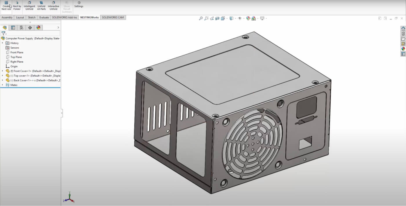 Benutzeroberfläche der CAMWorks NestingWorks Software mit einem Lüftergehäuse